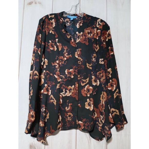 Simply Vera Wang Shirt Ladies Small Black Brown Floral Button Front‎ - Picture 1 of 8